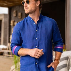 Royal Blue Linen Shirt - Grandfather Collar