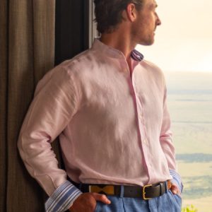 Flamingo Pink Linen Shirt - Grandfather Collar