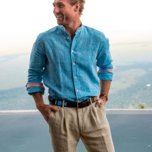Nyota Turquoise Linen Shirt - Grandfather Collar