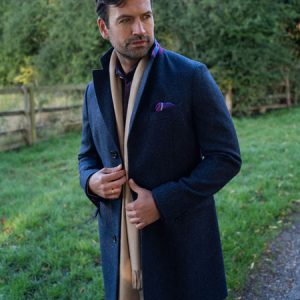 Navy Wool Herringbone Overcoat