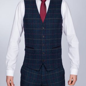 Skopes Doyle Slim Fit Tall Suit Waistcoat (aqua/wine check)